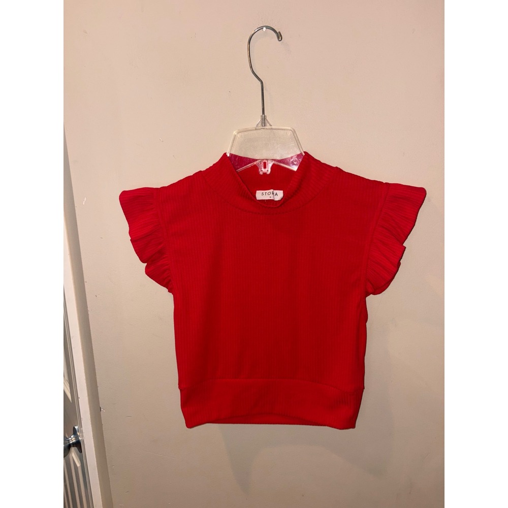 Stora Red Ribbed Mock Neck Ruffle crop top Cap Sleeve Top JT1243A‎ Size Medium